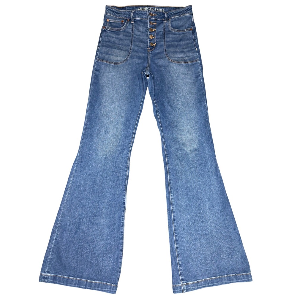 NWOT American Eagle Flare Jeans 10 LONG Super High Rise Button Fly Stretch